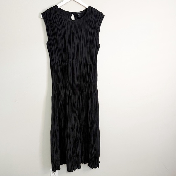 EILEEN FISHER Women’s Black Crushed Silk Jeweled Neck Tiered Dress Lagenlook L - Picture 2 of 8